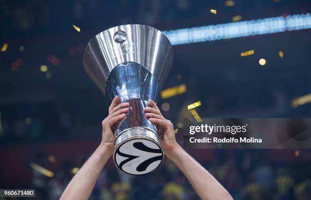 Felipe Reyes, #9 of Real Madrid celebrates poses with Champion Trophy after the the 2018 Turkish Airlines EuroLeague F4 Championship Game between...