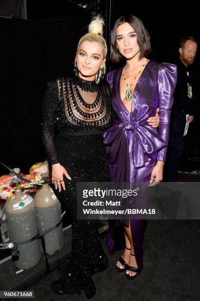 Recording artist Bebe Rexha and Dua Lipa backstage the 2018 Billboard Music Awards at MGM Grand Garden Arena on May 20, 2018 in Las Vegas, Nevada.