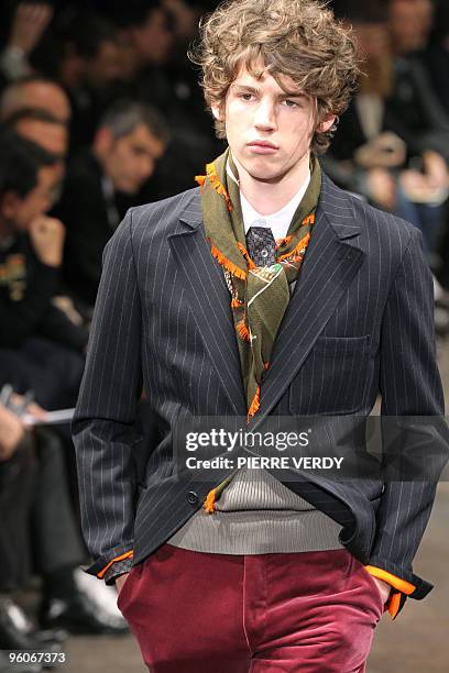 Model displays a creation by designer Veronique Nichanian for Hermes as part of the Men ready-to-wear Autumn-Winter 2010-2011 fashion shows in Paris,...