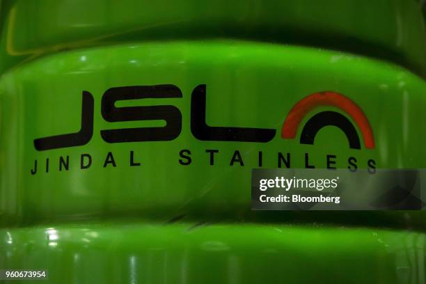 The Jindal Stainless Ltd. Logo is displayed on a drum at the company's factory in Hisar, Haryana, India, on Tuesday, May 15, 2018. India's biggest...