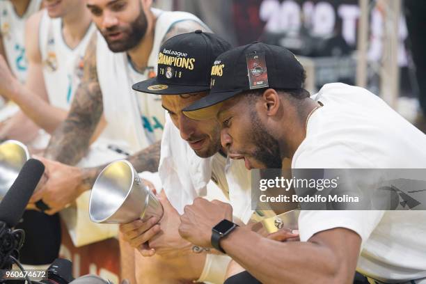Facundo Campazzo, #11 of Real Madrid and Trey Thompkins, #33 celebrates after the 2018 Turkish Airlines EuroLeague F4 Championship Game between Real...