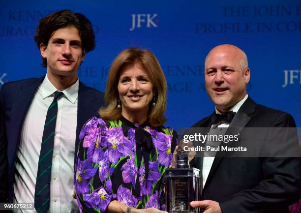 Jack Schlossberg and Caroline Kennedy present Mitch Landrieu with the JFK Profile in Courage Award on May 20, 2018 in Boston, Massachusetts. This...