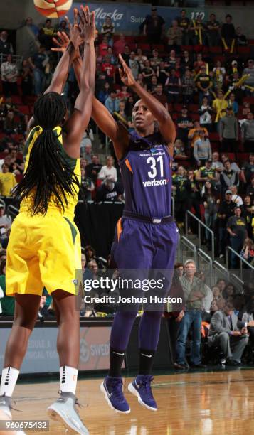 Sancho Lyttle of the Phoenix Mercury shoots the ball against the Seattle Storm on MAY 20, 2018 at KeyArena in Seattle, Washington. NOTE TO USER: User...