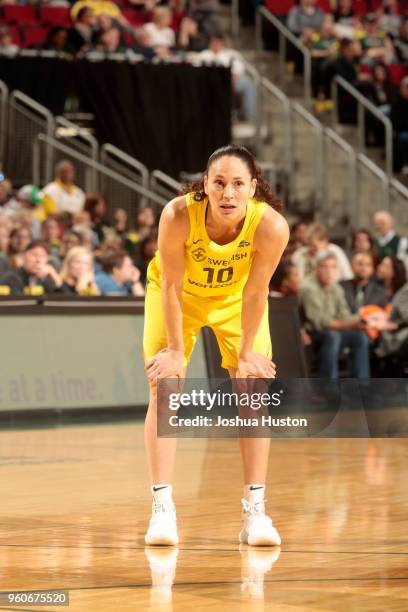Sue Bird of the Seattle Storm looks on during the game against the Phoenix Mercury on MAY 20, 2018 at KeyArena in Seattle, Washington. NOTE TO USER:...
