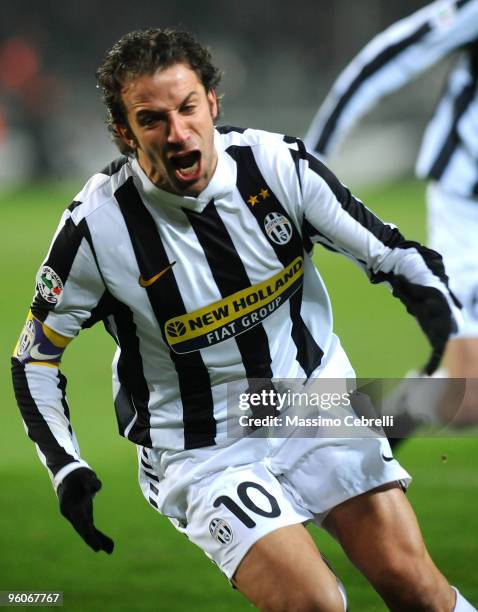 Alessandro Del Piero of Juventus FC celebrates his opening goal during the Serie A match between Juventus FC and AS Roma at Olimpico Stadium on...