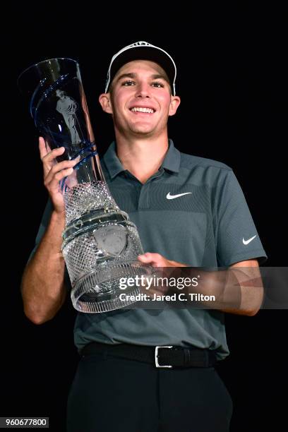 Aaron Wise poses with the trophy after winning the AT&T Byron Nelson at Trinity Forest Golf Club on May 20, 2018 in Dallas, Texas.