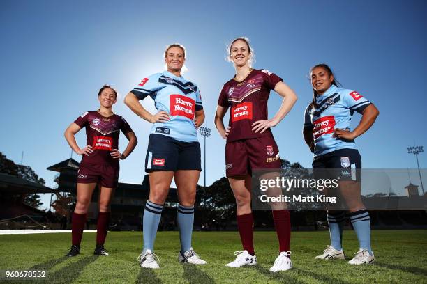 Brittany Breayley of Queensland, Ruan Sims of NSW, Karina Brown of Queensland and Simaima Taufa of NSW pose during a Women's State of Origin media...