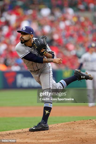 Sergio Romo of the Rays delivers a pitch to the plate during the major league baseball game between the Tampa Bay Rays and the Los Angeles Angels on...