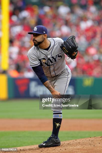 Sergio Romo of the Rays delivers a pitch to the plate during the major league baseball game between the Tampa Bay Rays and the Los Angeles Angels on...