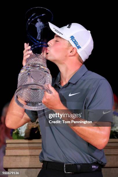 Aaron Wise kisses the trophy after winning the AT&T Byron Nelson at Trinity Forest Golf Club on May 20, 2018 in Dallas, Texas.