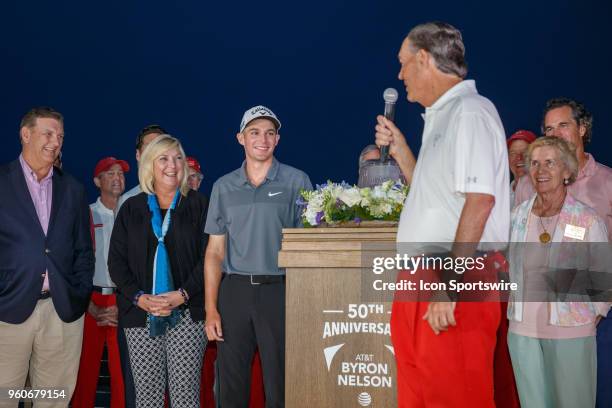 Aaron Wise participates in the trophy ceremony after winning the 50th annual AT&T Byron Nelson on May 20, 2018 at Trinity Forest Golf Club in Dallas,...