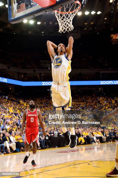 Shaun Livingston of the Golden State Warriors dunks against the Houston Rockets during Game Three of the Western Conference Finals during the 2018...