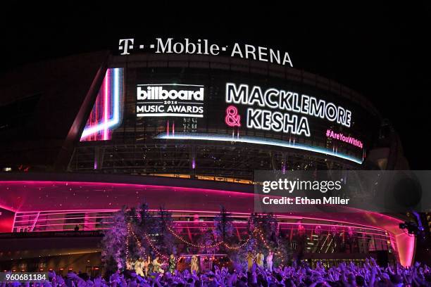 Macklemore and Kesha perform during the 2018 Billboard Music Awards at Toshiba Plaza on May 19, 2018 in Las Vegas, Nevada.