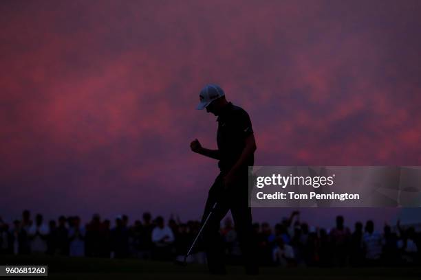 Aaron Wise celebrates on the 18th green after winning the AT&T Byron Nelson at Trinity Forest Golf Club on May 20, 2018 in Dallas, Texas.