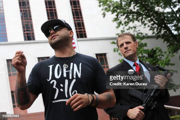 Joey Gibson , leader of the Patriot Prayer group, speaks during a rally advocating the right to openly carry guns in public, on May 20, 2018 in...