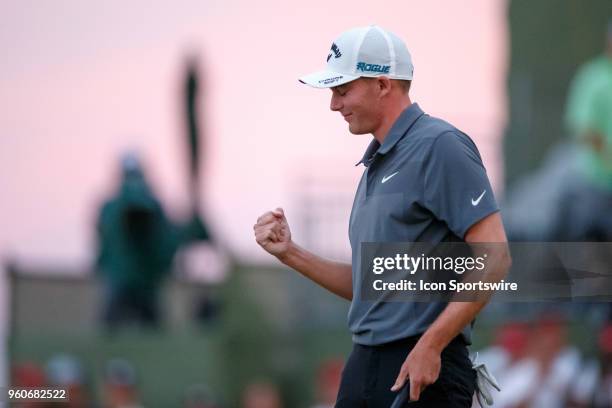 Aaron Wise fist pumps on the 18th green after winning the 50th annual AT&T Byron Nelson on May 20, 2018 at Trinity Forest Golf Club in Dallas, TX.