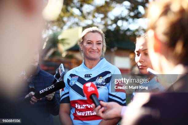 Ruan Sims of NSW speaks to the media during a Women's State of Origin media opportunity at North Sydney Oval on May 21, 2018 in Sydney, Australia.