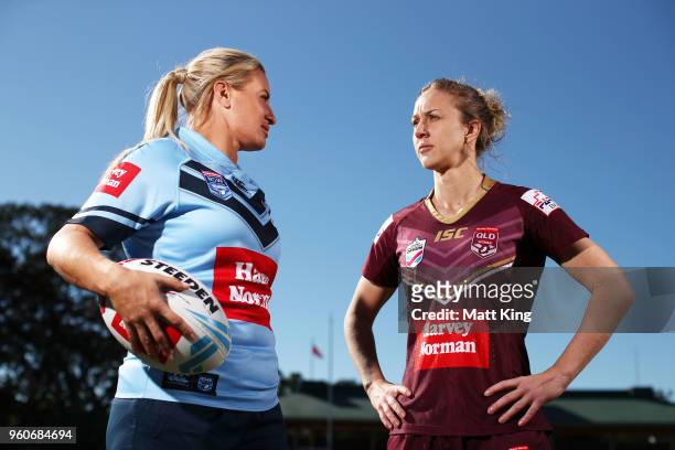 Ruan Sims of NSW and Karina Brown of Queensland pose during a Women's State of Origin media opportunity at North Sydney Oval on May 21, 2018 in...