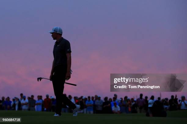 Aaron Wise walks across the 18th green during the final round of the AT&T Byron Nelson at Trinity Forest Golf Club on May 20, 2018 in Dallas, Texas.