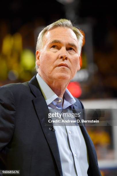 Head Coach Mike D'Antoni of the Houston Rockets looks on during the game against the Golden State Warriors during Game Three of the Western...