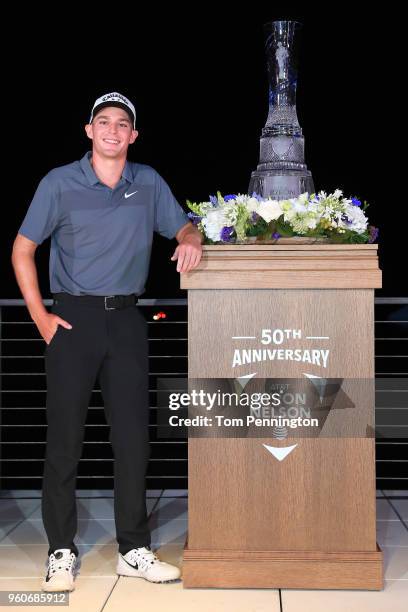 Aaron Wise poses with the trophy after winning the AT&T Byron Nelson at Trinity Forest Golf Club on May 20, 2018 in Dallas, Texas.