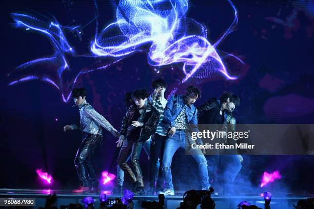 Musical group BTS performs onstage during the 2018 Billboard Music Awards at MGM Grand Garden Arena on May 20, 2018 in Las Vegas, Nevada.