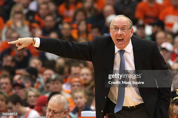 Coach Jim Boeheim of the Syracuse Orange yells to his team during the game against the Marquette Golden Eagles at Carrier Dome on January 23, 2010 in...