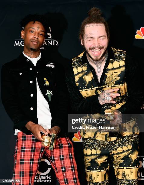 Savage and Post Malone poses in the press room during the 2018 Billboard Music Awards at MGM Grand Garden Arena on May 20, 2018 in Las Vegas, Nevada.