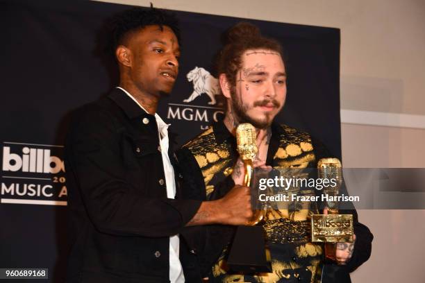 Savage and Post Malone poses in the press room during the 2018 Billboard Music Awards at MGM Grand Garden Arena on May 20, 2018 in Las Vegas, Nevada.