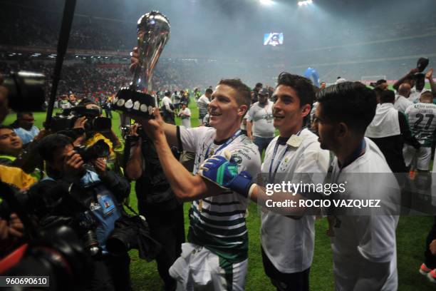 Julio Furch of Santos celebrates their triumph against Toluca in the Mexican Clausura 2018 tournament football final match at the Nemesio Diez...