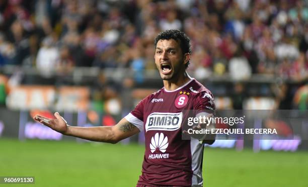 Deportivo Saprissa player Michael Barrantes gestures during the Costa Rica Football Championship final, in San Jose, on May 20, 2018.