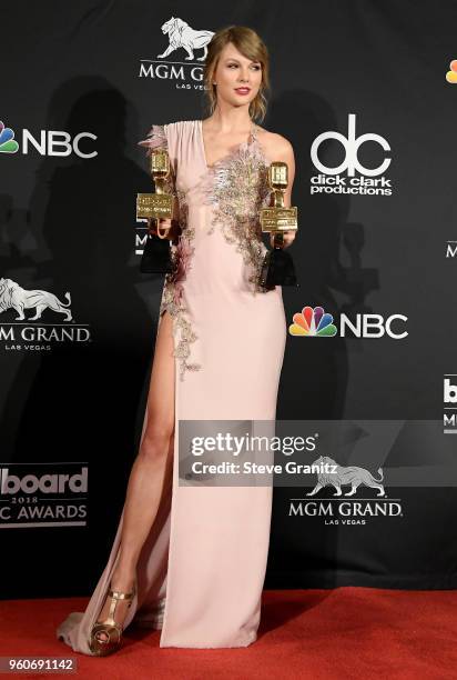 Recording artist Taylor Swift, winner of the Top Selling Album award for 'Reputation' and the Top Female Artist award, poses in the press room during...