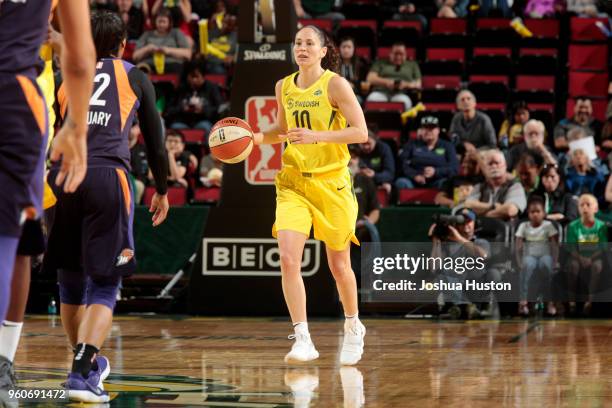 Sue Bird of the Seattle Storm handles the ball against the Phoenix Mercury on MAY 20, 2018 at KeyArena in Seattle, Washington. NOTE TO USER: User...