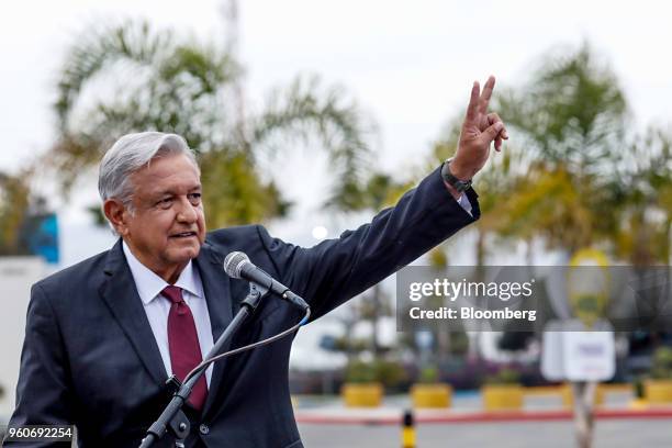 Andres Manuel Lopez Obrador, presidential candidate of the National Regeneration Movement Party , gestures as he speaks ahead of the second...