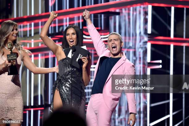 Personalities Padma Lakshmi and Andy Cohen speak onstage at the 2018 Billboard Music Awards at MGM Grand Garden Arena on May 20, 2018 in Las Vegas,...