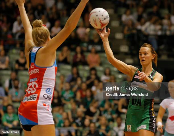 Natalie Medhurst of the West Coast Fever looks to Pass the ball during the round four Super Netball match between the Fever and the Swifts at HBF...