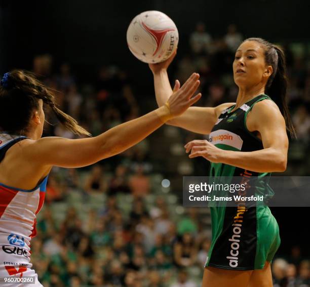 Verity Charles of the West Coast Fever looks to Pass the ball during the round four Super Netball match between the Fever and the Swifts at HBF...