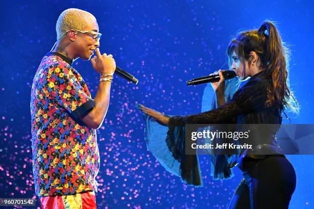 Pharrell and Camila Cabello perform onstage during the 2018 Billboard Music Awards at MGM Grand Garden Arena on May 20, 2018 in Las Vegas, Nevada.