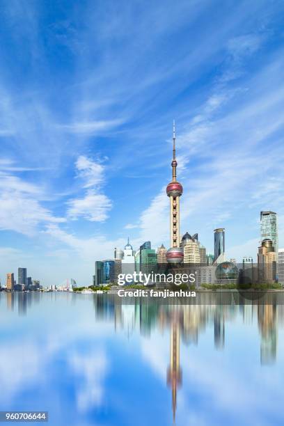 the bund skyline against blue sky - oriental pearl tower stock pictures, royalty-free photos & images