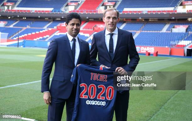 Thomas Tuchel of Germany is presented by President of PSG Nasser Al Khelaifi as new coach of Paris Saint-Germain at Parc des Princes stadium on May...