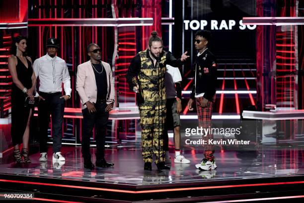 Recording artists Post Malone and 21 Savage accept the Top Rap Song award for 'Rockstar' onstage during the 2018 Billboard Music Awards at MGM Grand...