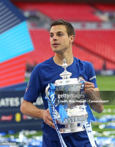 Chelsea's Cesar Azpilicueta with the trophy during the Emirates FA Cup Final match between Chelsea and Manchester United at Wembley Stadium on May...