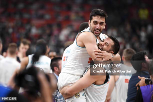 Facundo Campazzo, #11 of Real Madrid and Felipe Reyes, #9 of Real Madrid at the end of the 2018 Turkish Airlines EuroLeague F4 Championship Game...