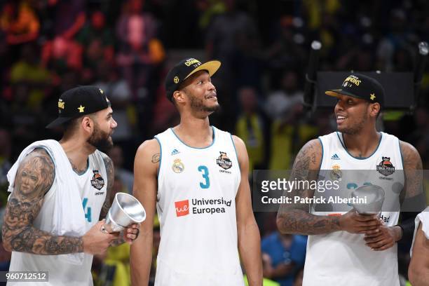 Jeffery Taylor, #44 of Real Madrid, Anthony Randolph, #3 of Real Madrid and Trey Thompkins, #33 of Real Madrid celebrates at the price giving of the...