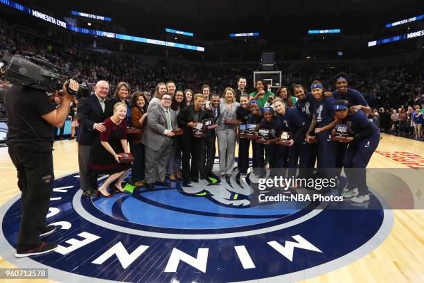 Minnesota Lynx staff and players are photographed with their 2017 WNBA Championship Rings during the Ring Ceremony prior to the season-opening game...