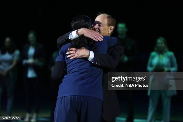 Maya Moore of the Minnesota Lynx hugs Glen Taylor, Owner of the Minnesota Lynx as she receives her 2017 WNBA Championship ring before the...