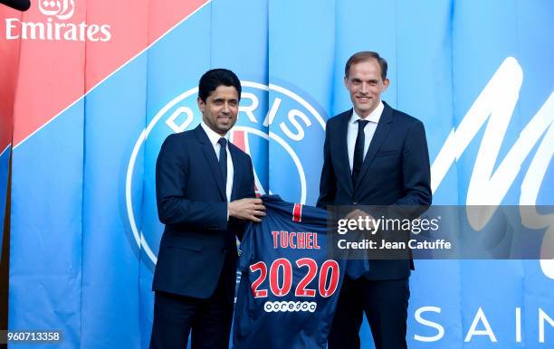 Thomas Tuchel of Germany is presented by President of PSG Nasser Al Khelaifi as new coach of Paris Saint-Germain at Parc des Princes stadium on May...