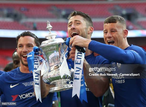 Chelsea's Gary Cahill, Ross Barkley and Danny Drinkwater with the trophy during the Emirates FA Cup Final match between Chelsea and Manchester United...