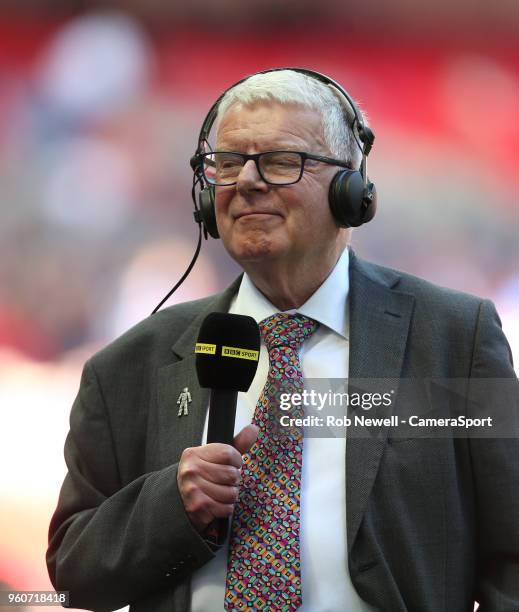 Commentator John Motson during the Emirates FA Cup Final match between Chelsea and Manchester United at Wembley Stadium on May 19, 2018 in London,...