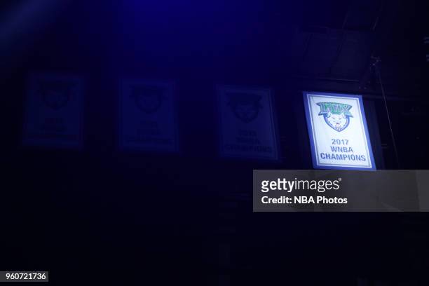 Minnesota Lynx unveil the 2017 WNBA Championship banner before the game against the Los Angeles Sparks on May 20, 2018 at Target Center in...